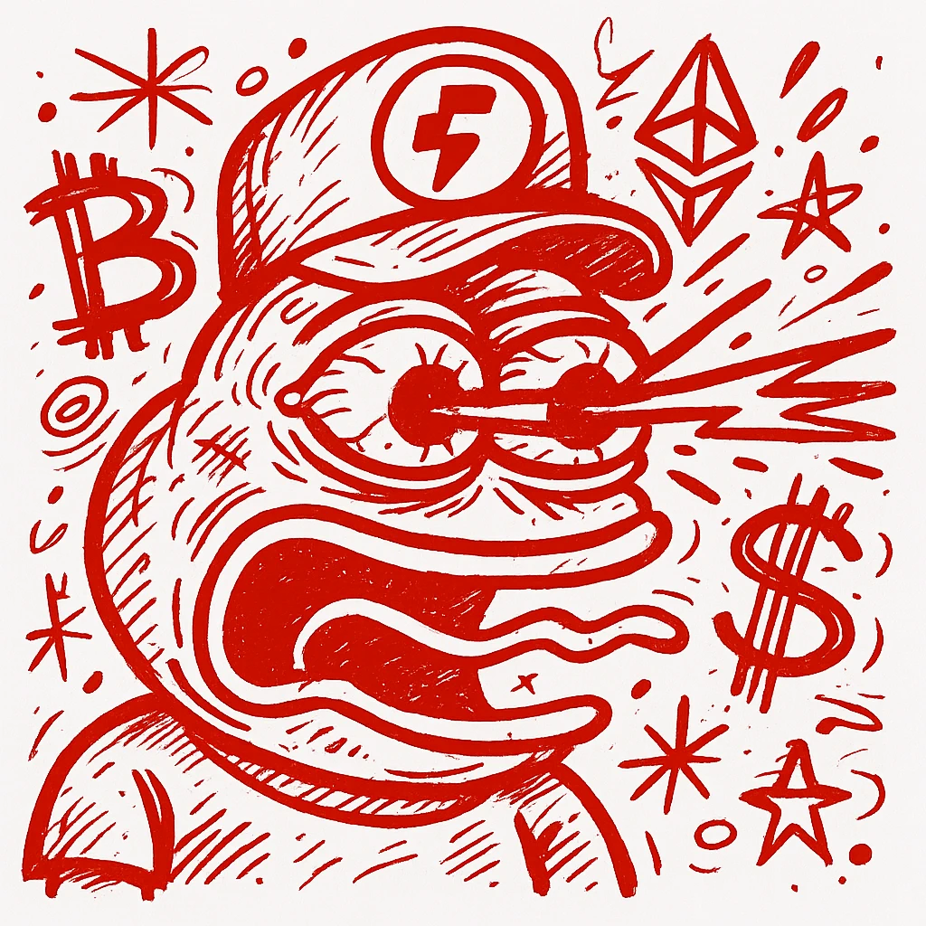 Add the provided Fogo.io logo on a hat worn by chaotic Red Pepe the Frog with laser eyes, surrounded by crypto symbols. Cartoonish, bold, meme-inspired, red color palette, slightly chaotic style for Discord sticker. emoji