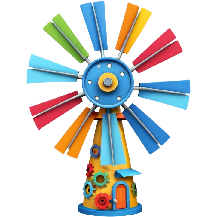 whimsical and creative windmill constructed from assorted junk and scrap materials, visible gears and mismatched parts emoji