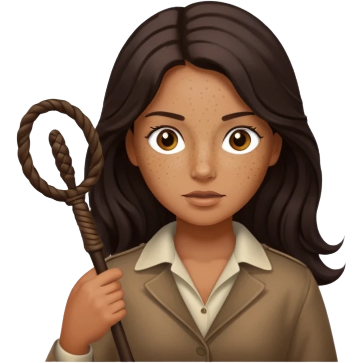 Tan skin with freckles, long dark hair, hazel eyes Dominatrix with whip emoji