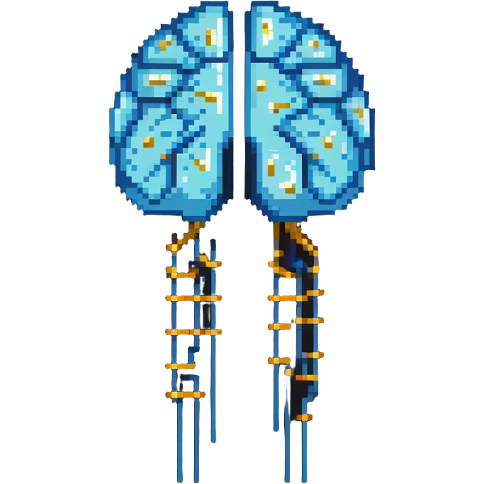 Pixel art of a pearlescent blue capsule floating in front of a brain with golden pixel pulses forming neural connections. A small liver icon nearby, all rotating in a pixelated aura of mental focus emoji