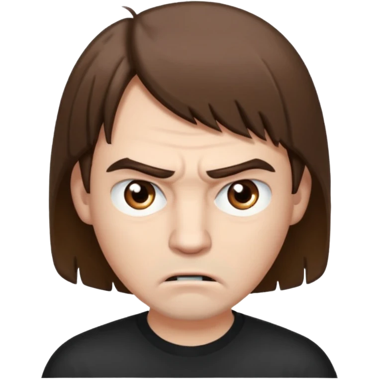 A man with brown hair and brown eyes, a little angry but kind at the same time. He has a bob-style hairstyle that covers his ears, has bangs in front of his eyebrows, and white skin. emoji