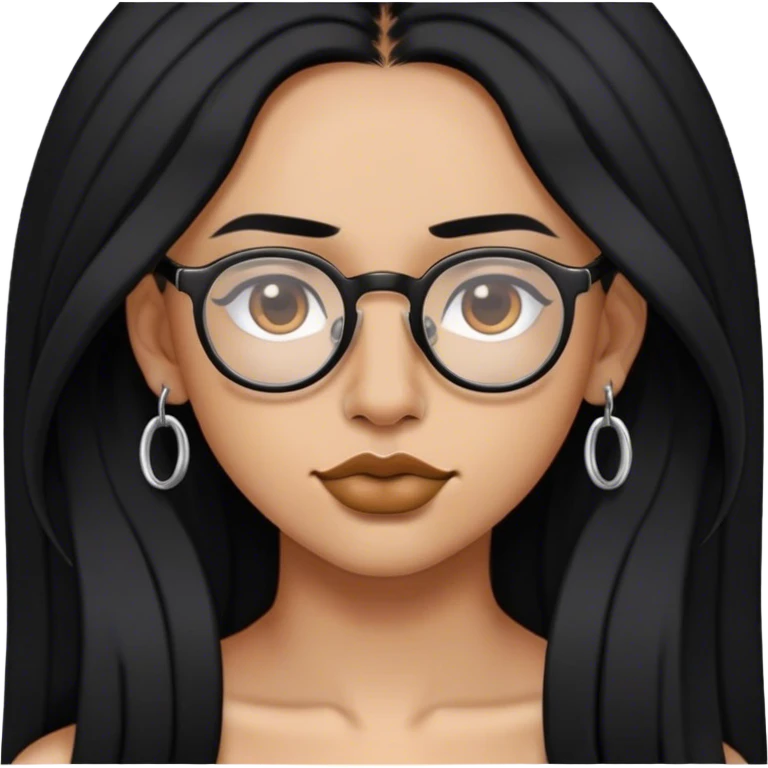 Long black hair, glasses, septum piercing, nose piercing on each side, lip piercing on both sides emoji