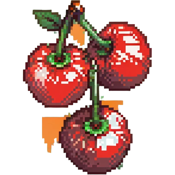 Pixel art of two shiny red cherries with green stem emoji