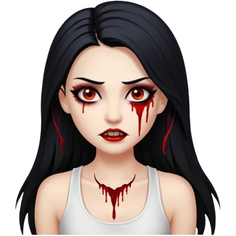 White woman with a white tank top long black hair glossy middle part long hair vamp look with fangs or blood dripping brown eyes eyeliner winged with lashes top and bottom emoji