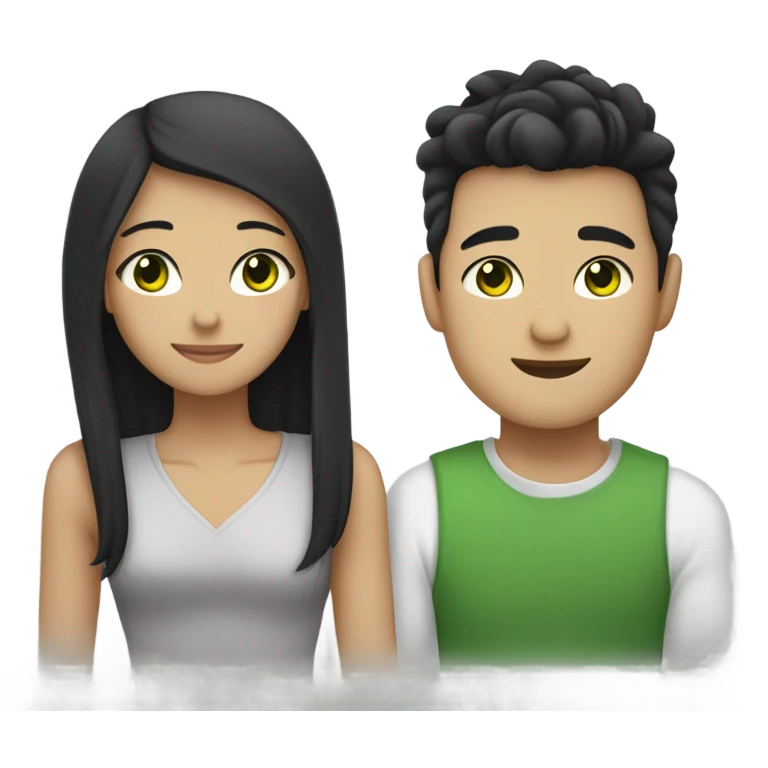 Light skin Asian male with straight black undercut hair and a white brunette female with green eyes and long wavy hair tightly hugging each other  emoji