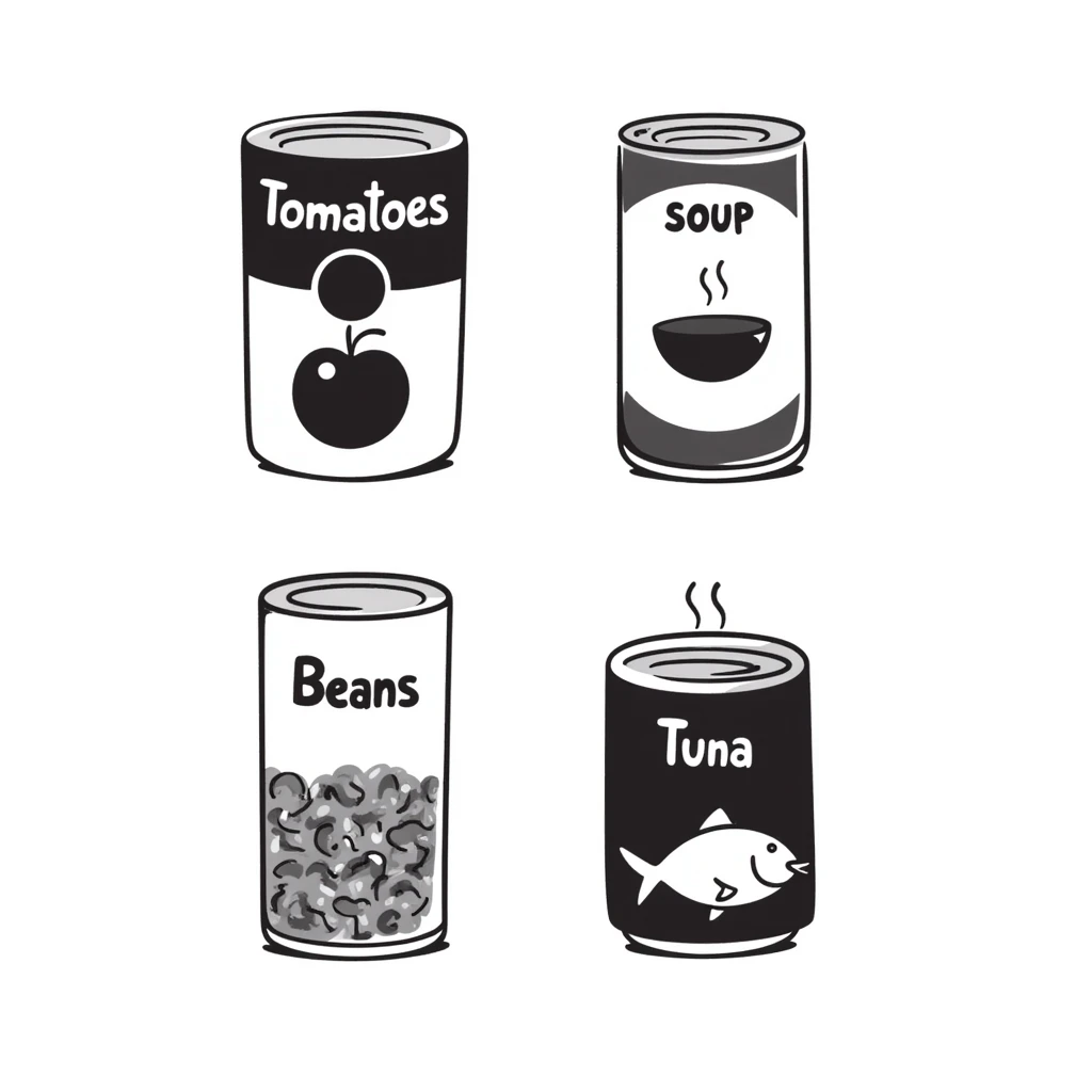 Four hand-drawn canned food items, showing different types of canned goods emoji