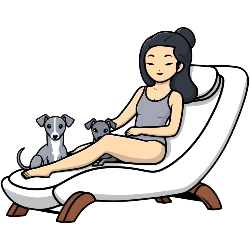 Very thin Chinese woman with long black hair relaxing on a spa lounger with exactly ONE whippet dog. EXTREME IMPORTANCE: the whippet must have a COMPLETELY GREY FACE with ABSOLUTELY NO WHITE MARKINGS anywhere on its face, muzzle, or nose. The entire dog must be ONE SOLID VERY DARK CHARCOAL GREY COLOR from nose to tail with NO WHITE or LIGHT AREAS anywhere - NO white on face, NO white on muzzle, NO white on chest, NO white on paws, NO white on tail - NOTHING BUT A SINGLE SHADE OF VERY DARK GREY throughout the entire animal emoji