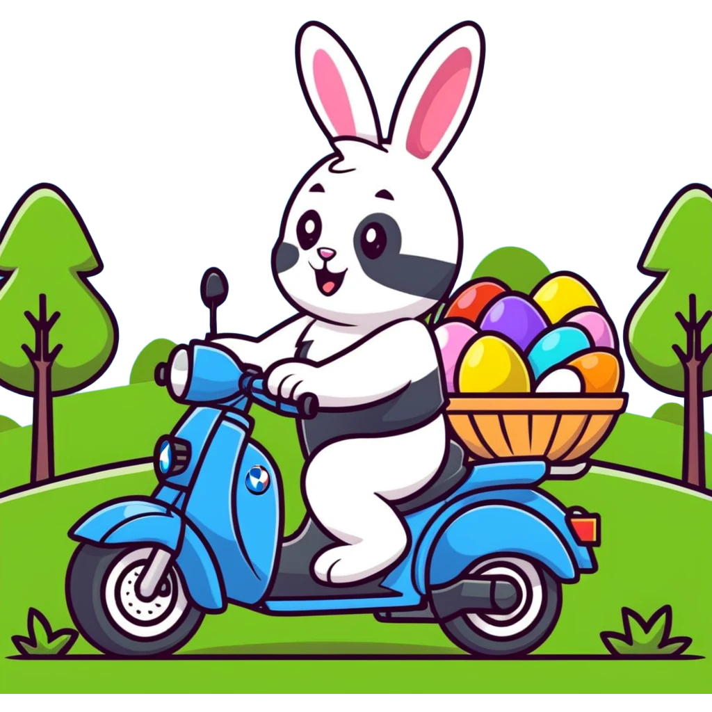 Easter bunny riding a BMW boxer motorcycle with trees and grass in the background and colorful Easter eggs hidden in the grass emoji