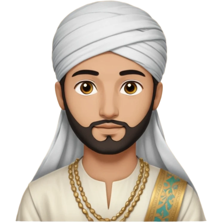 
-Apariencia: Joven de unos 25-30 años, atractivo,.
-Rostro: Ojos oscuros, piel ligeramente morena, rasgos árabes finos.
-Cabello: Negro, algo rizado o suelto, con barba fina.
-cuerpo entero  puede llevar una túnica más oriental, con faja y turbante sencillo emoji