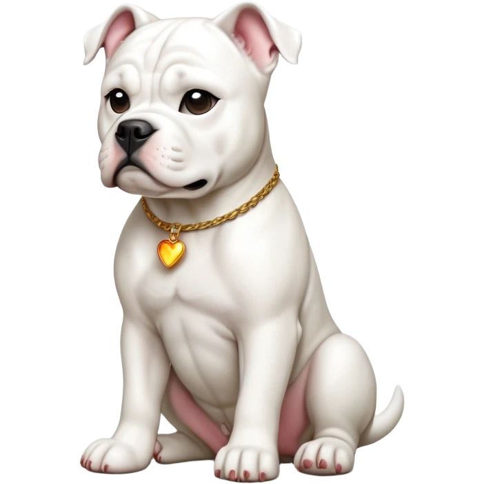 cinematic-[american bulldog]-realistic-full-body-sitting-emoji,-tail-resting-loosely-beside-its-paws,-head-tilted-dramatically,-sleek-[solid white]-fur,-simplified-yet-realistic-focused-features,-highly-detailed,-glowing-with-an-almost-sarcastic-glow emoji