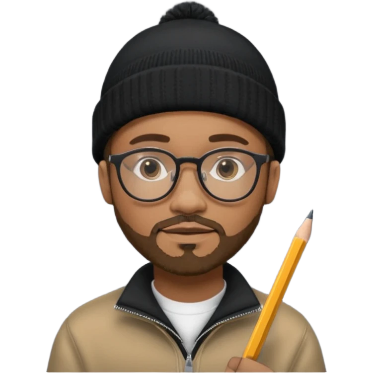 A creative young man with a pencil, glasses and a beanie. He holds a pen in his hand. He has a slight moustache and bit of a beard. He's a lightskin black man. He wears a black quarterzip jumper emoji