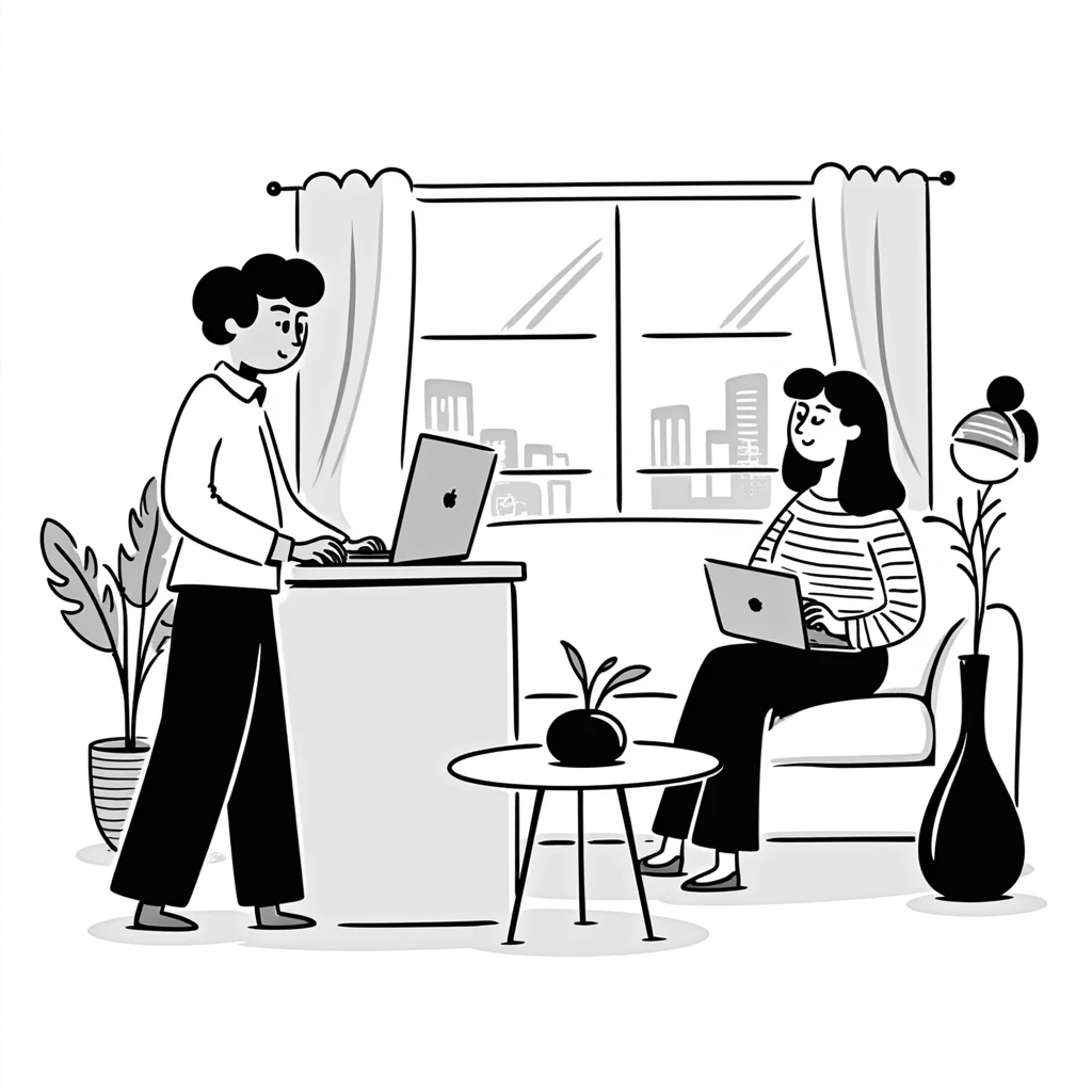 escenary 3d of a cozy mid-century living room with two people working on laptops, one man standing at a desk and one woman sitting on a couch emoji