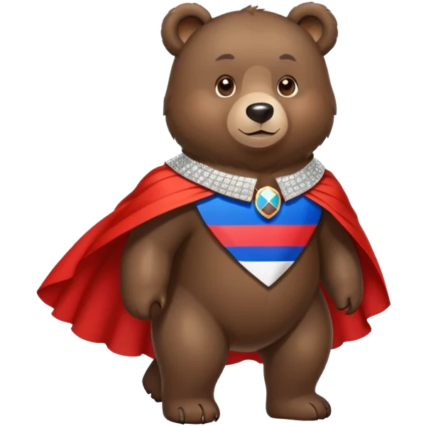 Medium-dark brown bear on all four legs with a sparkling diamond collar or necklace around its neck, Russian flag cape on its back emoji