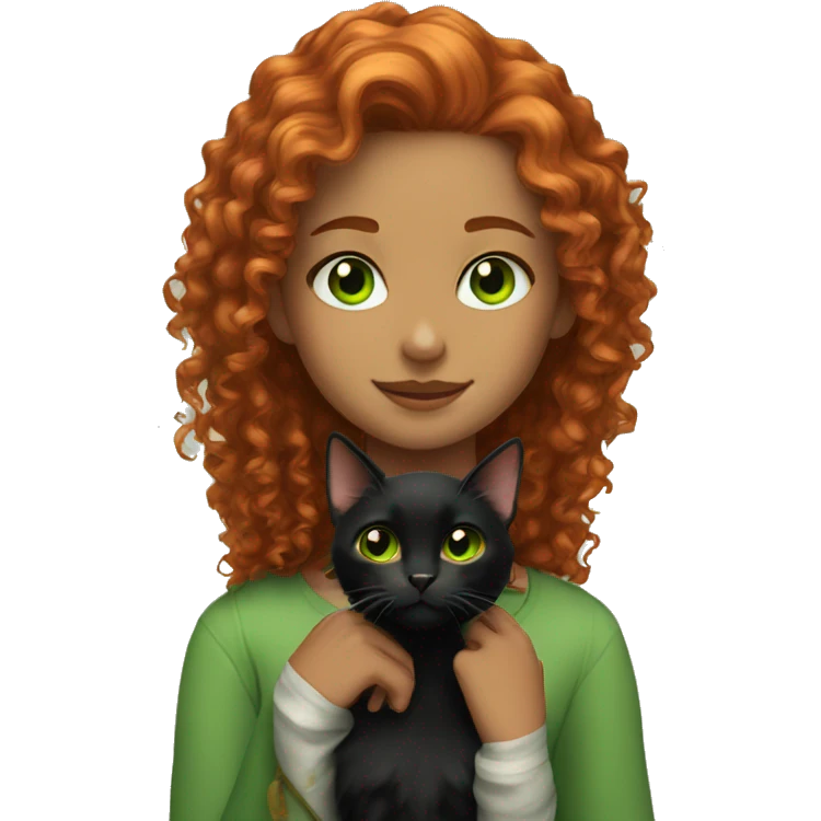 girl with copper curly hair and black cat with green eyes emoji