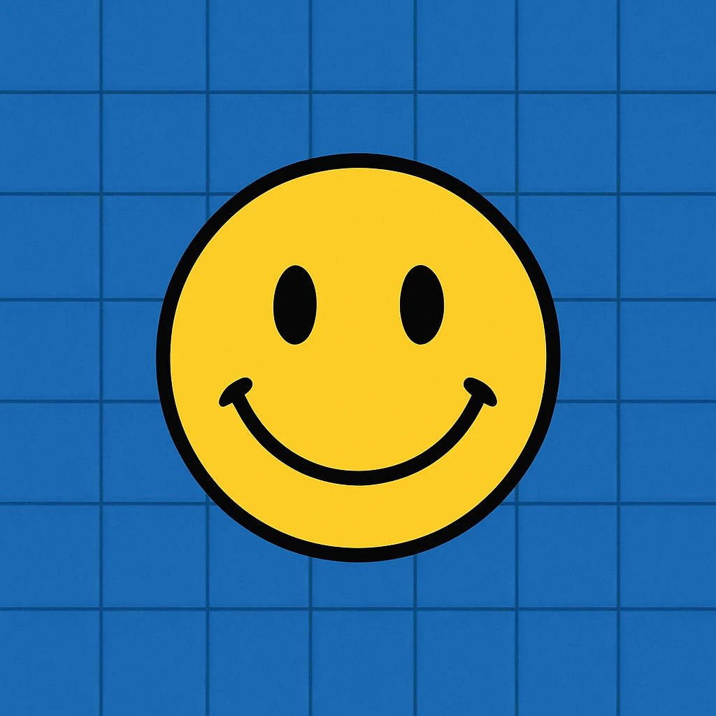 Frame 9: Fully blue background, grid lines almost all drawn, smiley face unchanged emoji