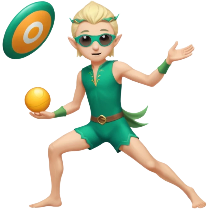 elf male legolas launching a frisbee woven from pure sunlight, wearing sporty teal swim shorts and performance sunglasses, pointy ears, centered emoji emoji