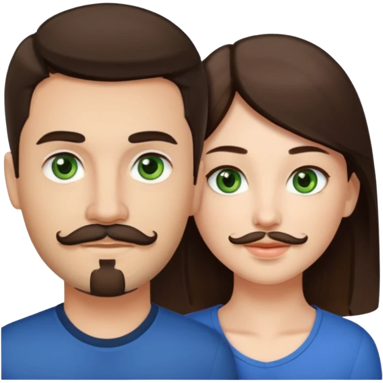 A girl with green eyes and dark hair with her boyfriend with light brown eyes and light brown hair with a goatee and mustache emoji