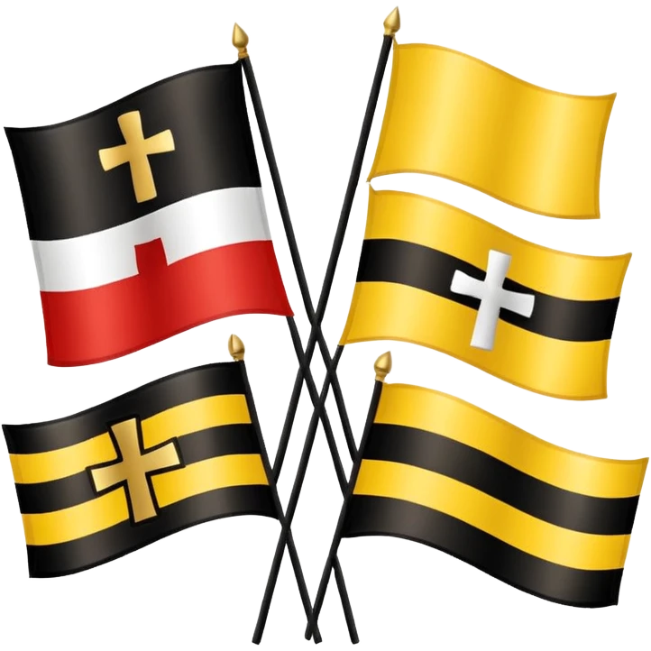 Flags: There are four flags, two on the top and two on the bottom, in the black and gold (yellow) quarters. Each flag features a gold cross symbol, likely a Coptic cross, on a black and yellow background with horizontal stripes.
 emoji