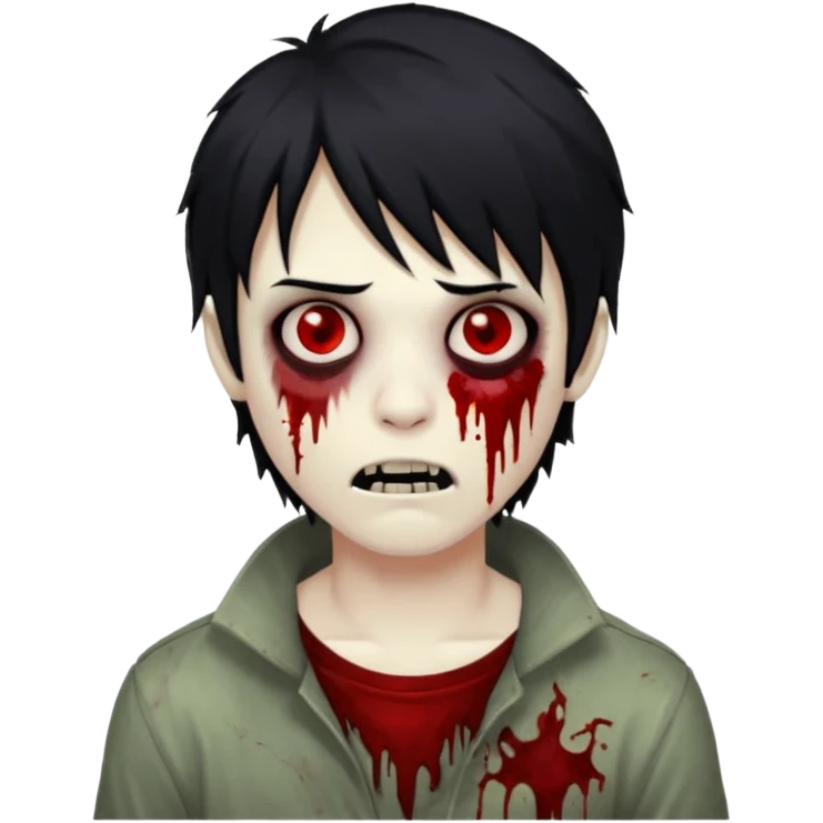 Boy, zombie, black hair, medium long, emo, shaggy, dark, spooky, creepy expression emoji And red eyes and blood on teeth emoji