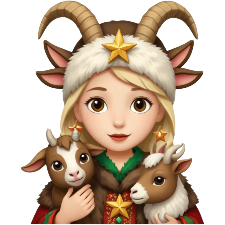 Девочка на празднике в народном костюме и шубе с калядной звездой и маской козы emoji