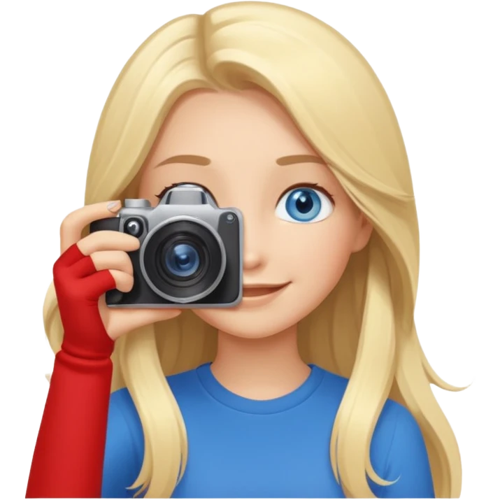  blue eyes blonde girl photographer cartoon taking picture in middle of taking picture camera in front of face long hair smiling funny flash professional, camera in front of face emoji