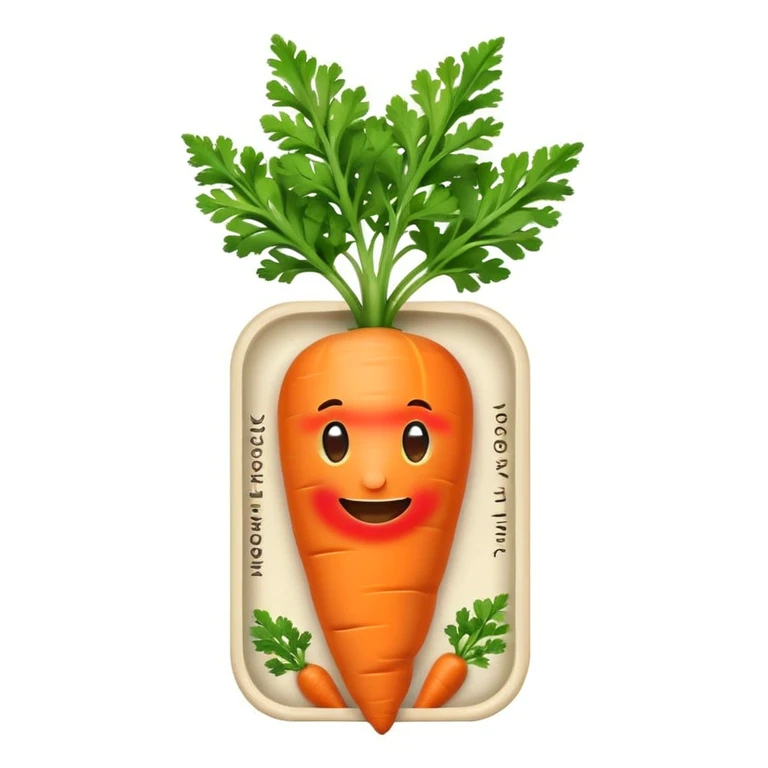 cute emoji-style carrot seed pack, small rectangular seed package with vibrant orange carrot illustration on the front, green carrot leaves sticking out slightly, friendly and cartoonish design, clean white background, minimalistic emoji style, outlined with smooth edges and soft shadows emoji