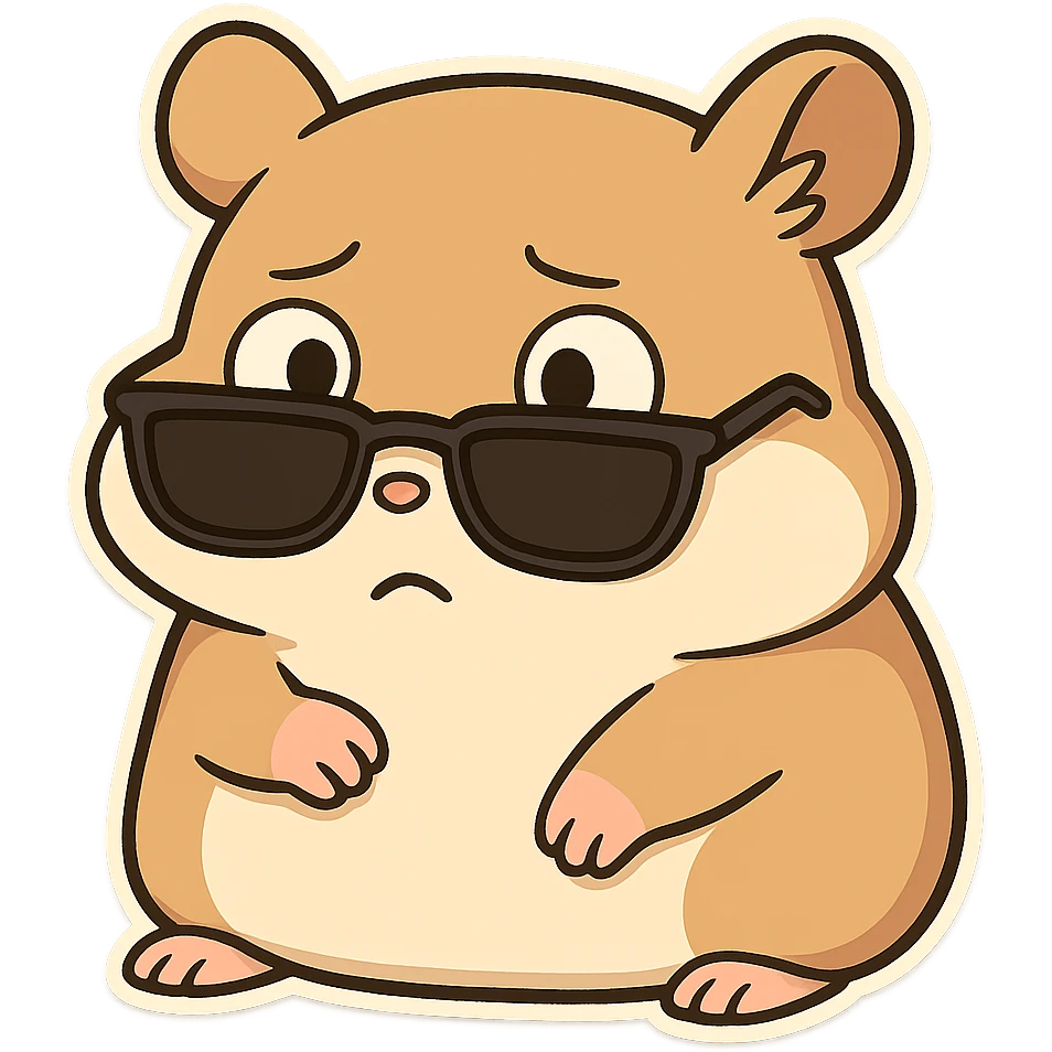 A hamster wearing sunglasses, the sunglasses have slipped down to the bottom of the eyes, the hamster has a dull look, is frightened, and looks incredulous emoji