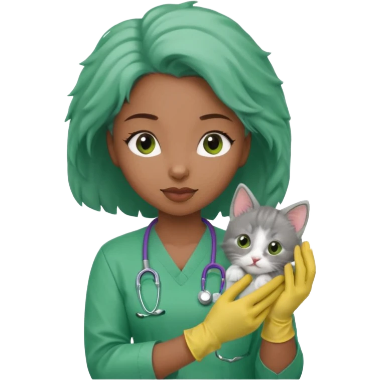 Young black female vet – scrubs, gloves, examining kitten. emoji