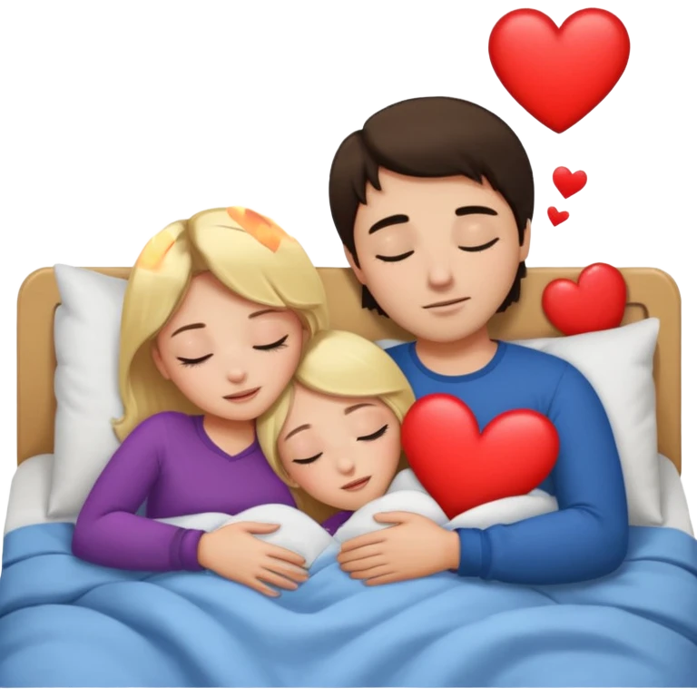 cuddling in bed, asleep. blonde girl. brunette man. eyes closed. heart between them. emoji