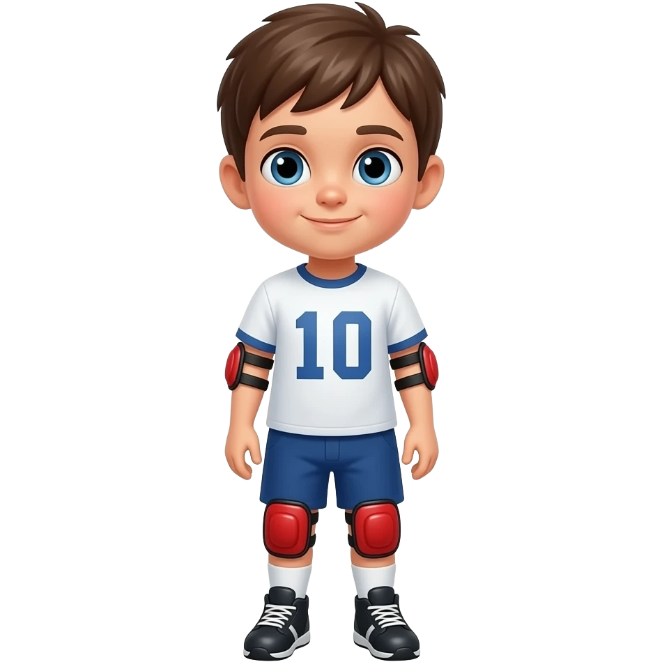 Child standing upright, wearing red elbow pads and knee pads, ready-to-play expression, front-facing pose. emoji
