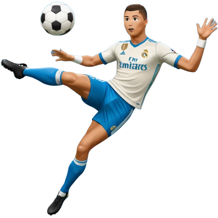 Ronaldo doing a bicycle kick with football in mid air While wearing a Retro blue Real madrid kit and yes i want it to be exactly the same as he Scored it in 2018 vs Juventus and please make it Realistic  emoji