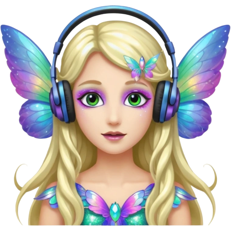 long haired make glitter makeup fairy wearing headpones wing wings
 emoji