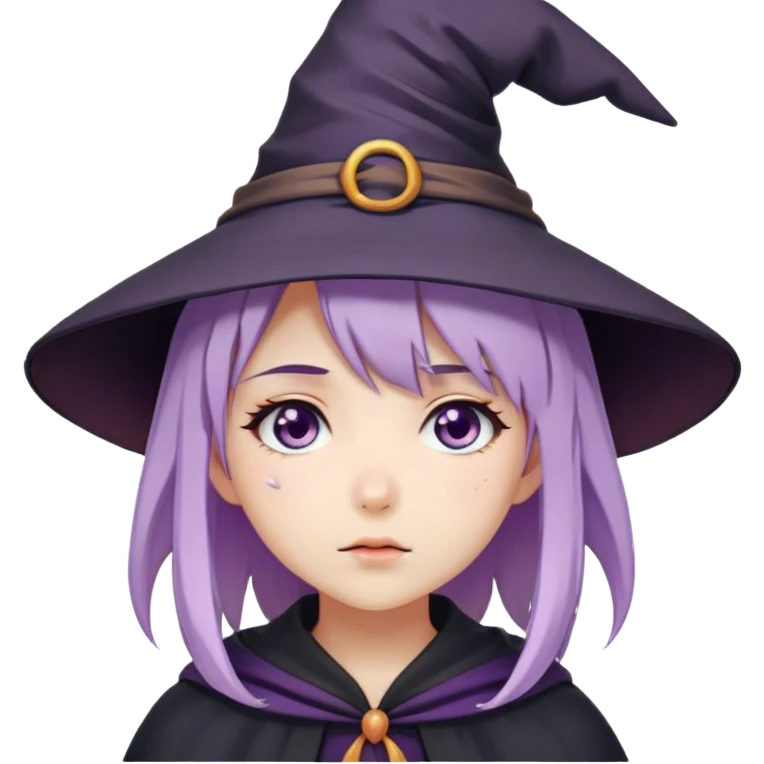 cute anime girl with lilac hair in a witch hat with a tear running from her eye emoji
