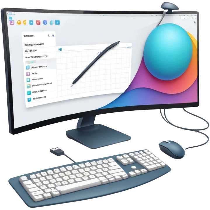 Create an emoji for UX/UI design. Large curved monitor, displaying UX/UI program design interface. Include a mouse, keyboard, and stylus, symbolizing the design process. Use modern, professional colors. Do not include any emojis or smiley faces. Make the background transparent. emoji