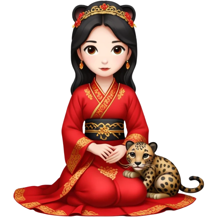 A beautiful girl in red Hanfu wedding dress sits on the ground holding a black leopard emoji