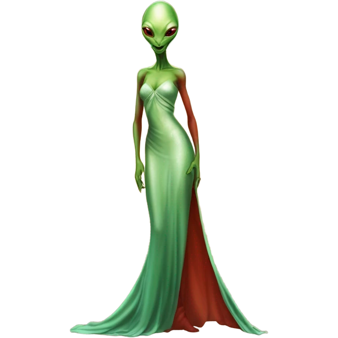 reptilian green alien woman, in long slim pastel orange formal party satin dress with gradient shiny sparkling dark red, full figure, full body emoji
