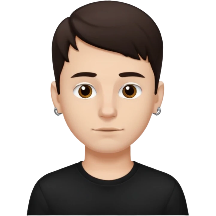 a white boy with dark brown hair, brown eyes, black septum nose piercing, black shirt emoji