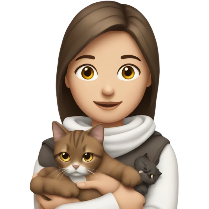 Girl with brown hair, holding 2 cats. One cat is brown & white. The other cat is grey & white.  emoji