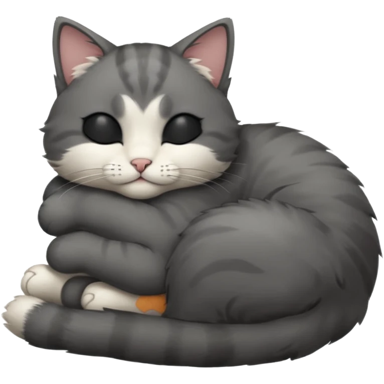 dark grey and white small cat with closed eyes, leaning his head on his paw while leaning on his elbow lying down emoji