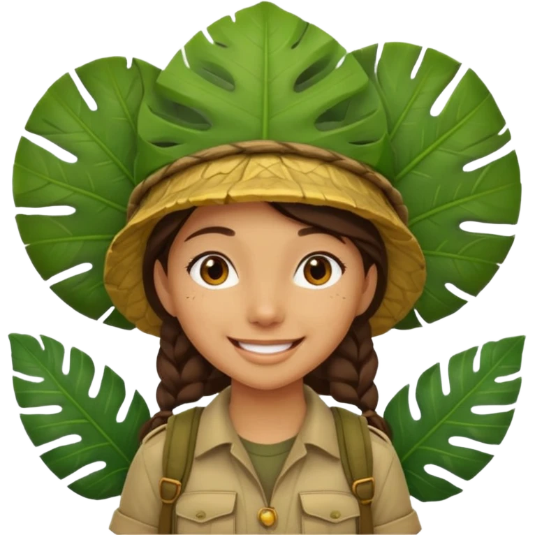 a young female explorer with jungle wearing a large leaf headgear bye and magnificer  emoji