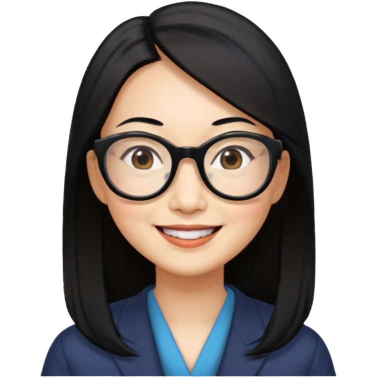 50 yr old asian woman, long straight black hair, side part, big glasses emoji
