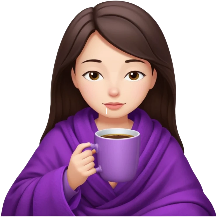girl brunette inside a violet blanket sipping coffee from pink mug eyes closed iphone style emoji