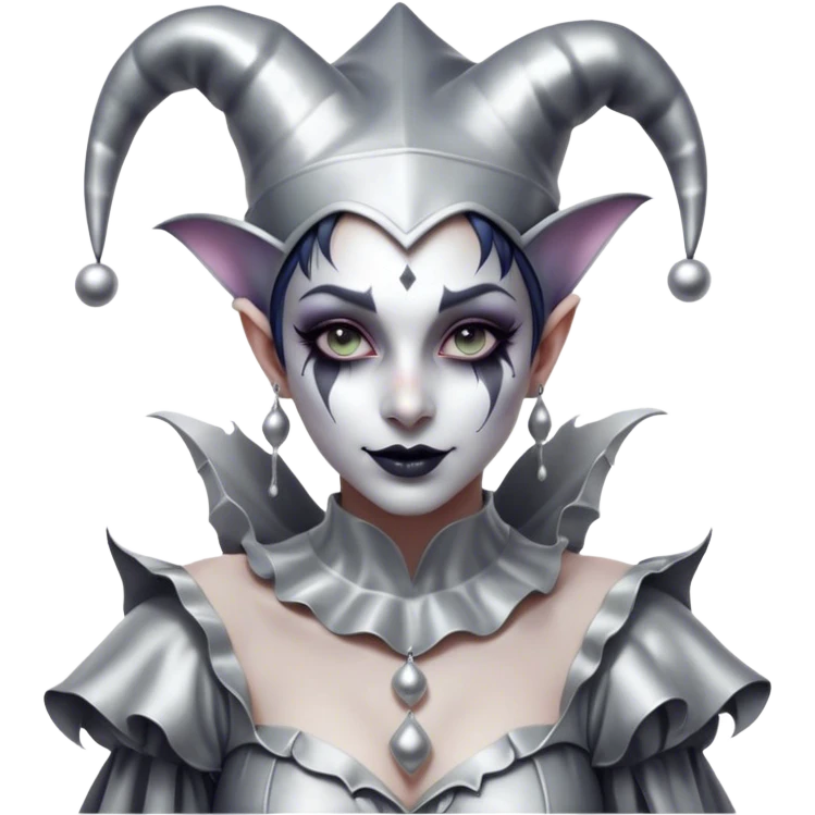 Cinematic girl in the style of a Jester, Ultra realistic 32k HD, Breathtaking piece of art, rim lighting, hauntingly beautiful art, mostly greyscale, Balanced features, highly detailed digital artwork, glowing with silver light, glowing, high shine, deviant adoptable, highly detailed clothing, remembrance, a painting of white silver, fanciful, enchanting, ghostly, embodying the essence of both reality and fantasy, dreamy, dreamy glow, optical illusion, immaculate composition, complex pose, air composition. The image is so lifelike that it feels as though it could leap off the canvas at any moment emoji
