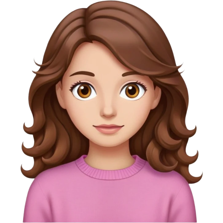 brown haired woman, brown eyes, pink sweater, long wavy brown hair emoji