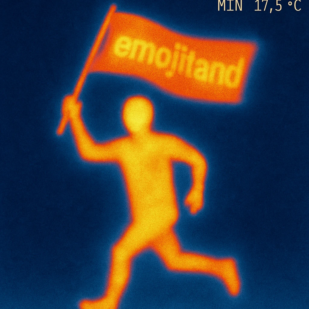 happy runner waving a flag that says 'emojiland' emoji