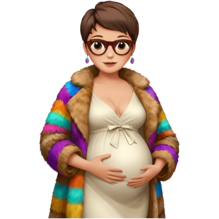 pregnant stylish woman with short pixie brunette hair happily touching her big belly while wearing white dress and fancy brown fur coat and colorful shades emoji