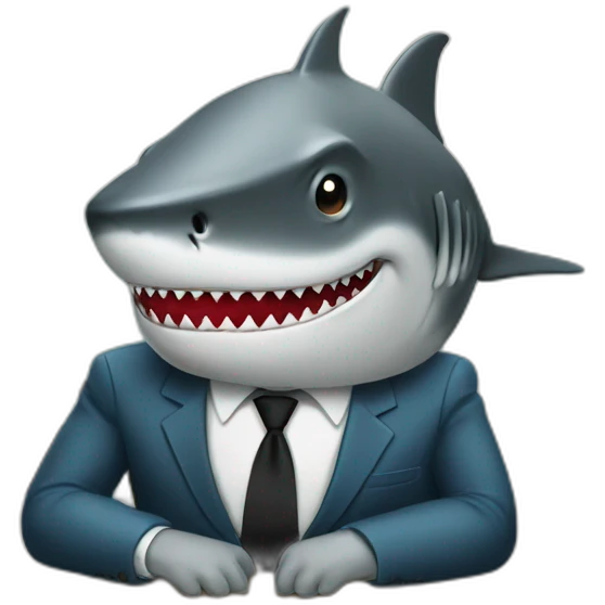 A shark sitting at a table wearing a suit looking straight emoji