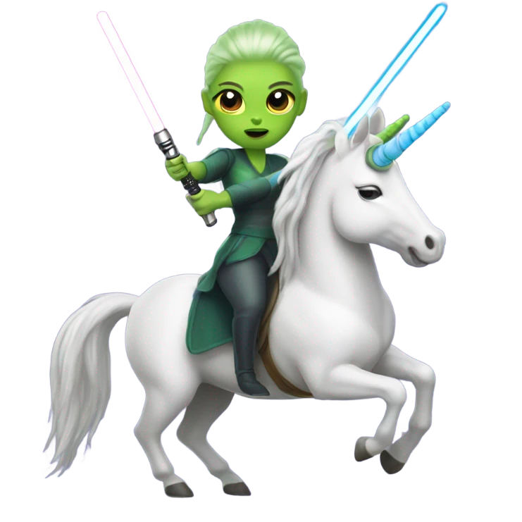 a unicorn with a green alien woman on it holding a lightsaber emoji