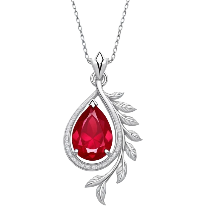 teardrop ruby pendant with fiery light, tiny phoenix feather, shimmering white stones, silver chain, ethereal and powerful rebirth theme emoji