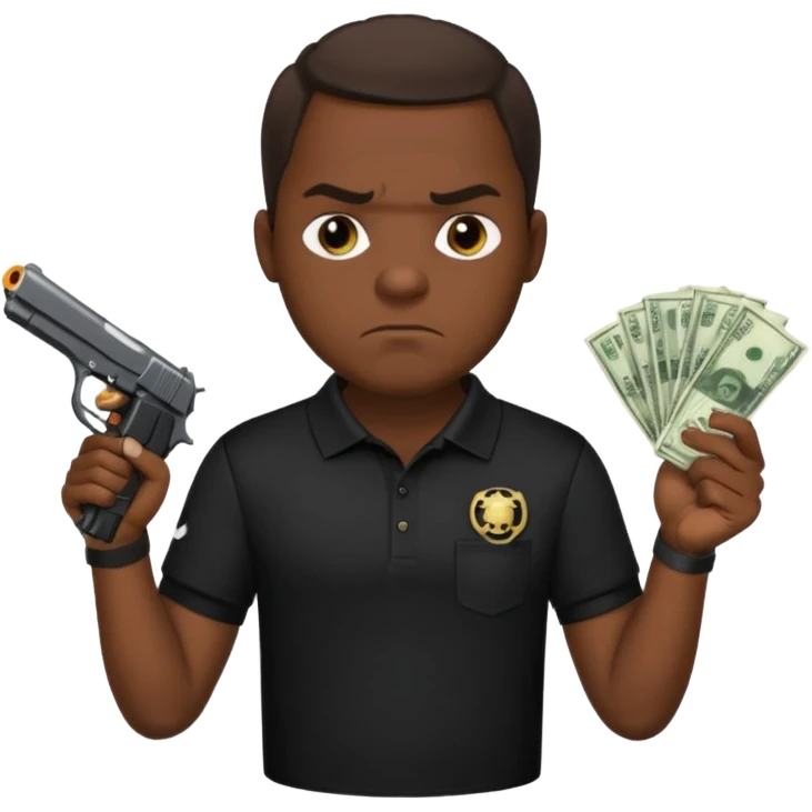 franklin saint from snowfall perhaps holding money and gun but he is mad and with a black polo shirt emoji
